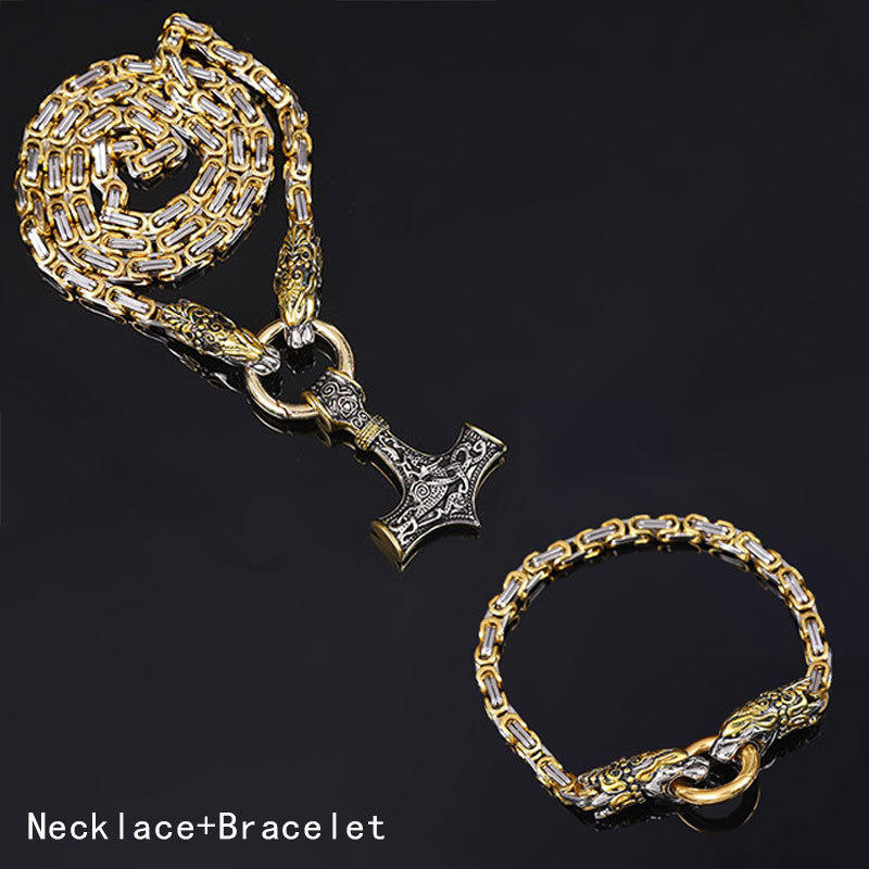 Cross-border hot selling Nordic vintage Viking wolf head necklace bracelet Viking stainless steel chain suit manufacturers wholesale generation
