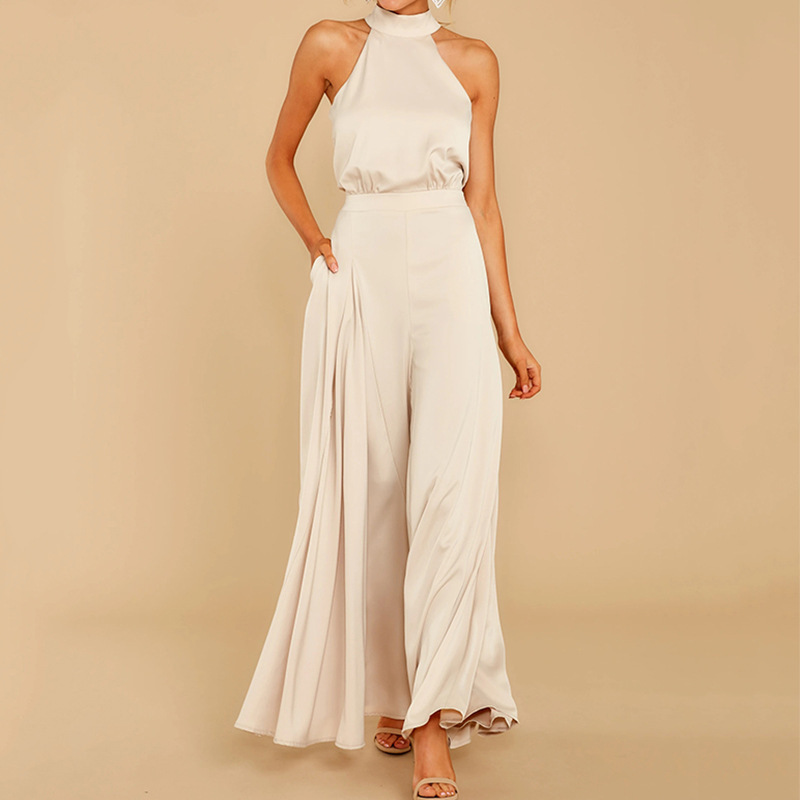 2023 Spring/Summer Independent Brand European and American Fashion Sexy Women's Sleeveless Slimming Cross-Border Wide-Leg Jumpsuit with Tie for Commuting