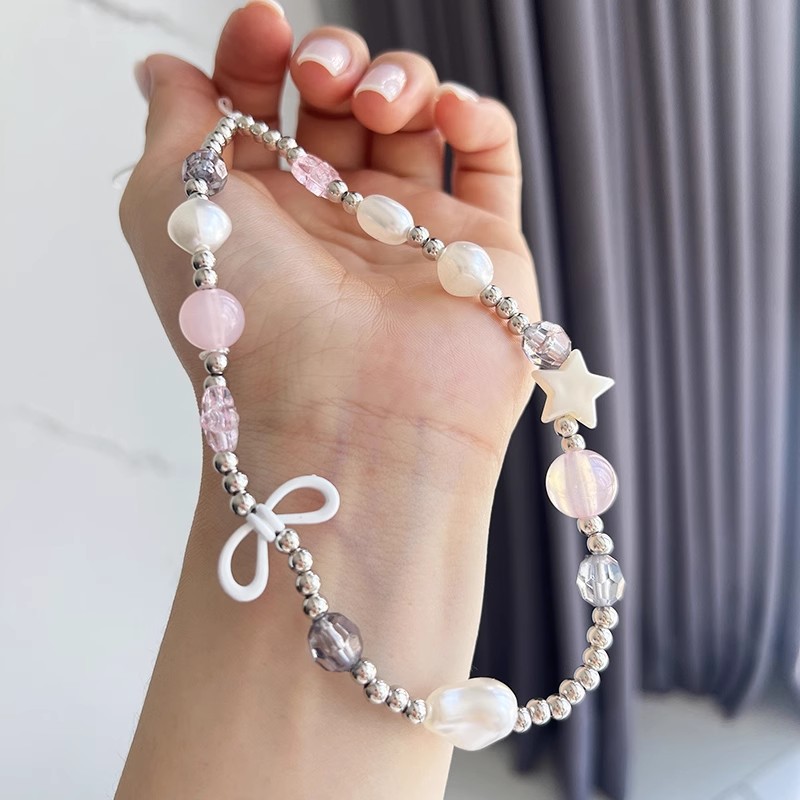 Pink and Purple Laser Flower Sunset Beads Crystal Satchel Rope Suitable for All Mobile Phone Cases Bracelet Satchel Lanyard Accessible Luxury