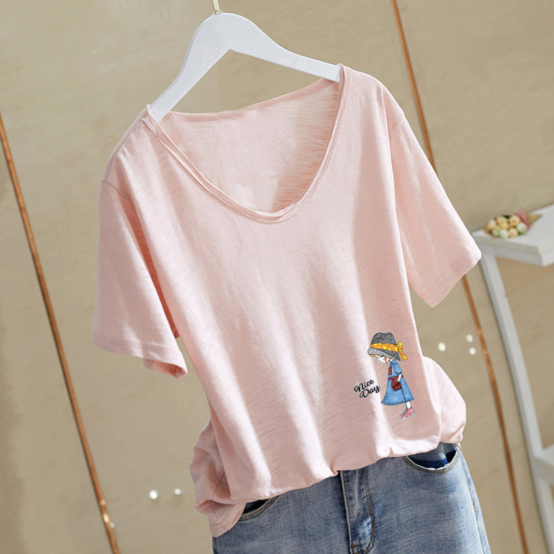 Slub Cotton White Big Neck Short-sleeved T-shirt Women's 2023 European Station Goods Spring and Summer New V-neck Loose Cotton Top