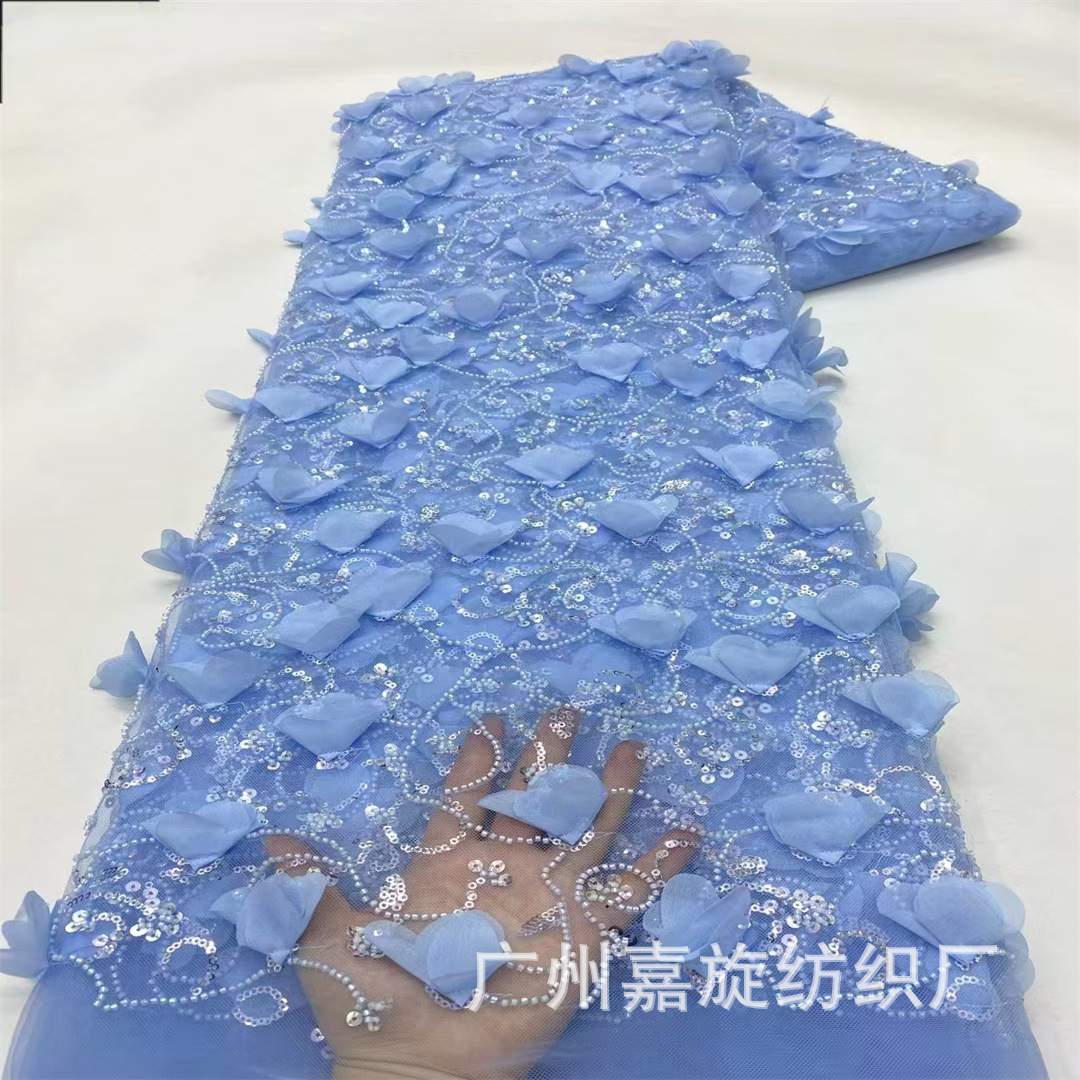 French High-Definition Bead Tube Embroidery Tulle Lace Fabric 3D Stereo Appliqué Cocktail Party Dress Fashion Embroidered Fabric