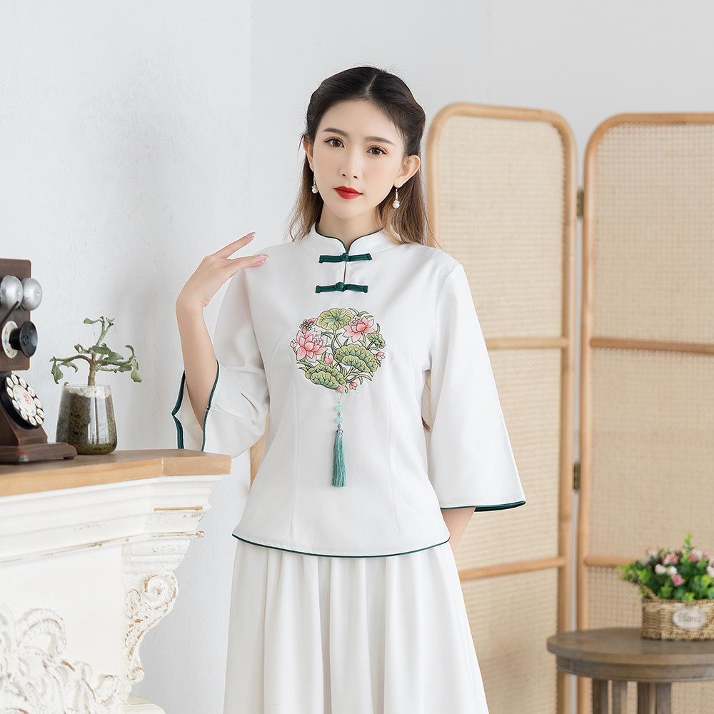 Picture of Republic of China Style Tang Suit Women's Clothing Improved Cheongsam Ear-picking Clothing Zen Style Young Tea Artist's Top Middle Sleeve suit Women