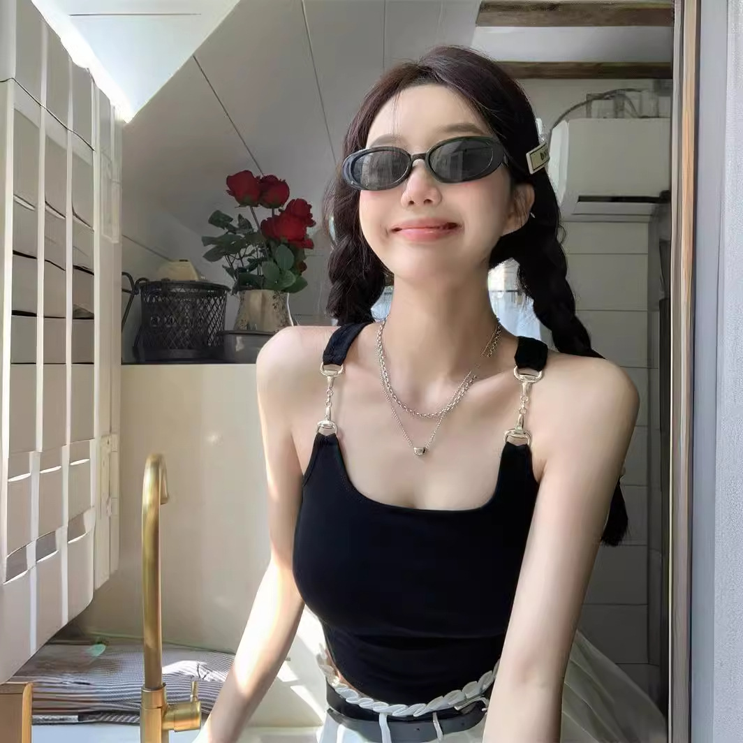Threaded Sleeveless Short Black Camisole Women's Summer Hot Girl Cyber Celebrant Design Sense Slim-fit Base Top