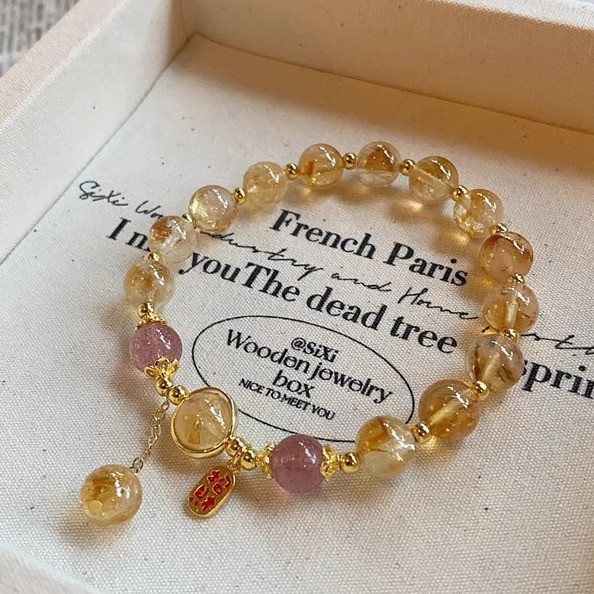 Lucky and Prosperity Imitation Yellow Crystal Bracelet for Women, Fortune Bead Imitation Gold Crystal Bracelet for Women, Strawberry Crystal Peach Blossom Gift for Women