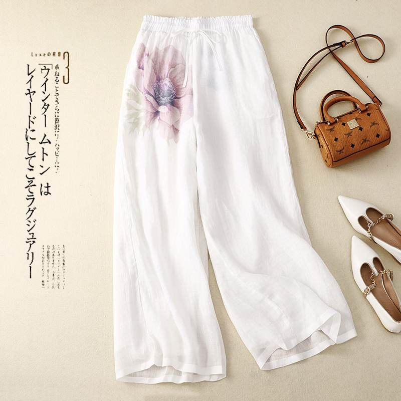 2024 Summer New Artistic Retro Printed Cotton and Linen Wide-leg Pants Women's Loose Slimming Loose Waist Double-layer Long Pants