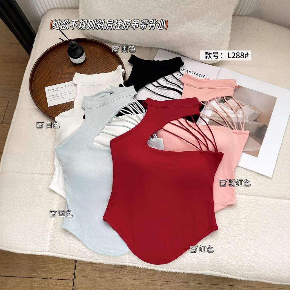 Summer Pure Lust Sexy Girl Sexy Niche Design Irregular Slanted Shoulder Halterneck Camisole Women's Outer Wear with Built-In Breast Pads