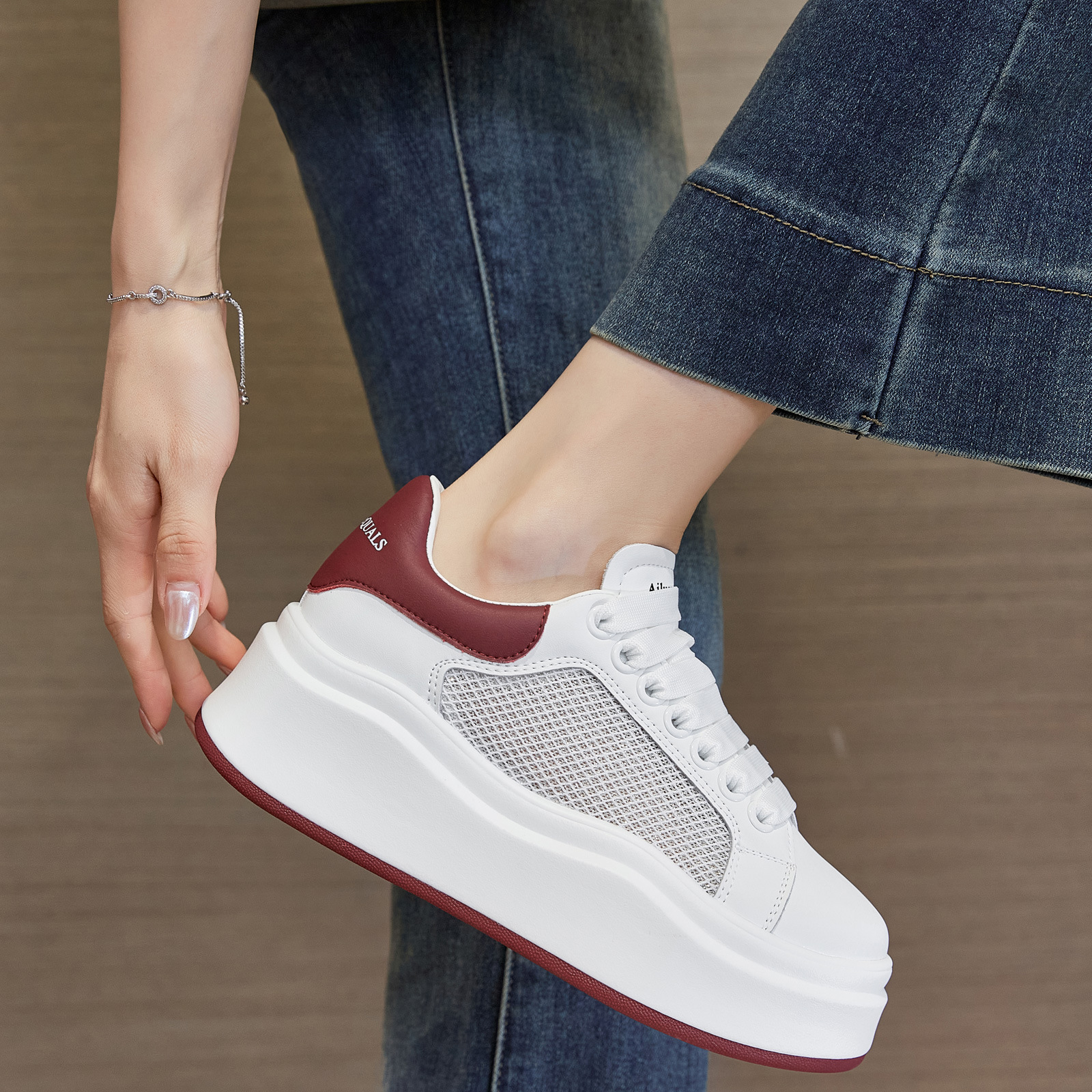 Thick-Soled Inner Height-Increasing Sneakers for Women 2025 Spring New Style Genuine Leather Mesh White Shoes Platform Sports Breathable Casual Shoes