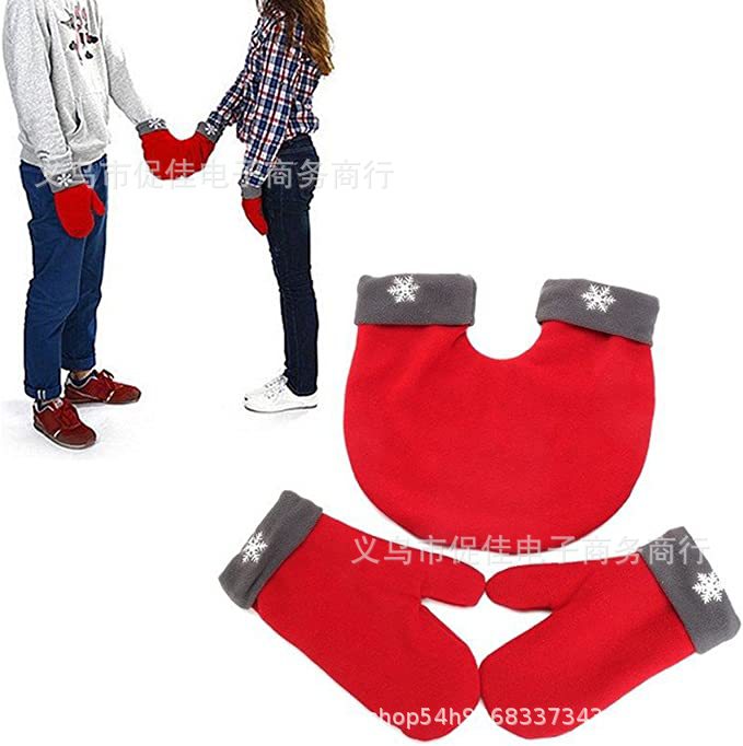 Mittens for Two polar fleece double-layer thickened couple hand-holding one-piece gloves double-layer thermal gloves