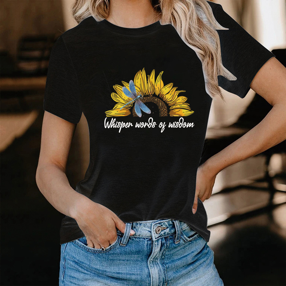 wish Amazon ebay supply foreign trade Lady = Dragonfly sunflower letter printing loose short sleeve t-shirt