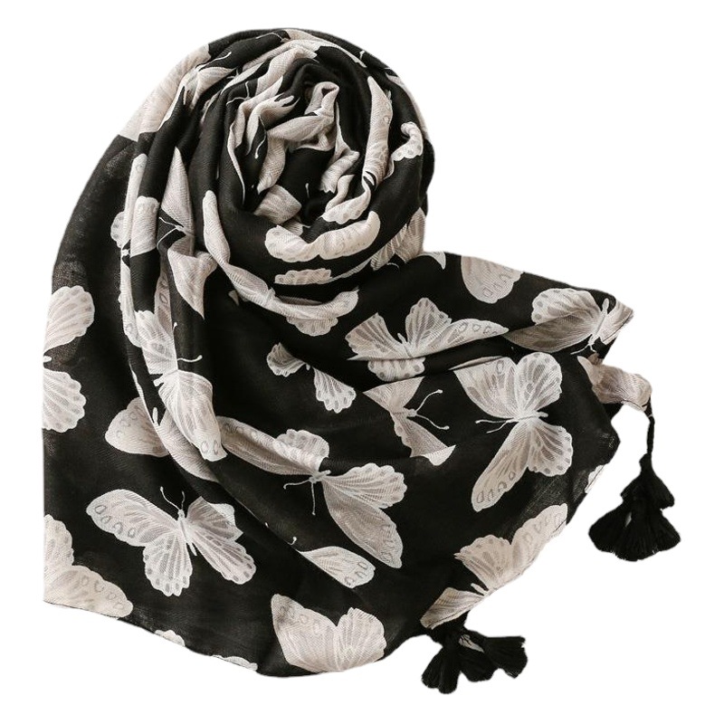 Fresh soft Herringbone cotton and linen feel scarf scarf black butterfly thick warm autumn and winter shawl scarf