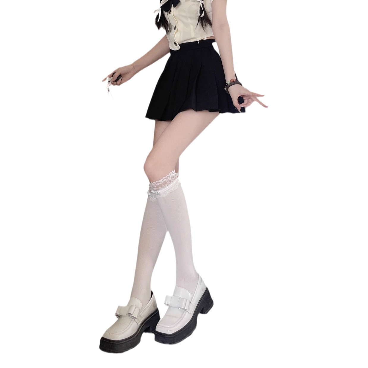 Thin lace white velvet light plate calf socks with ribbon bow Japanese jk sweet knee socks