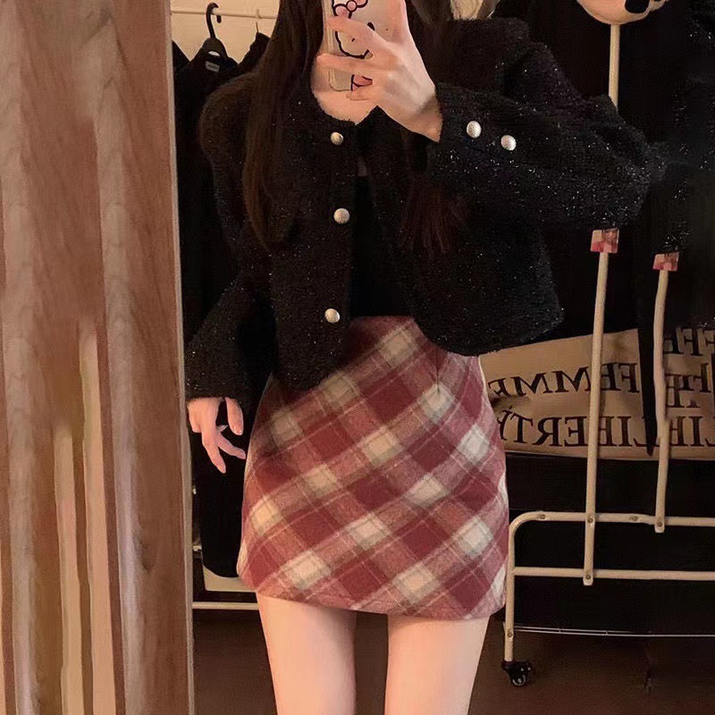 Vintage Red Paid Skirt Skirt Women's Autumn Small High Waist Slimming A- line Skirt Hip Skirt Trendy Short Skirt