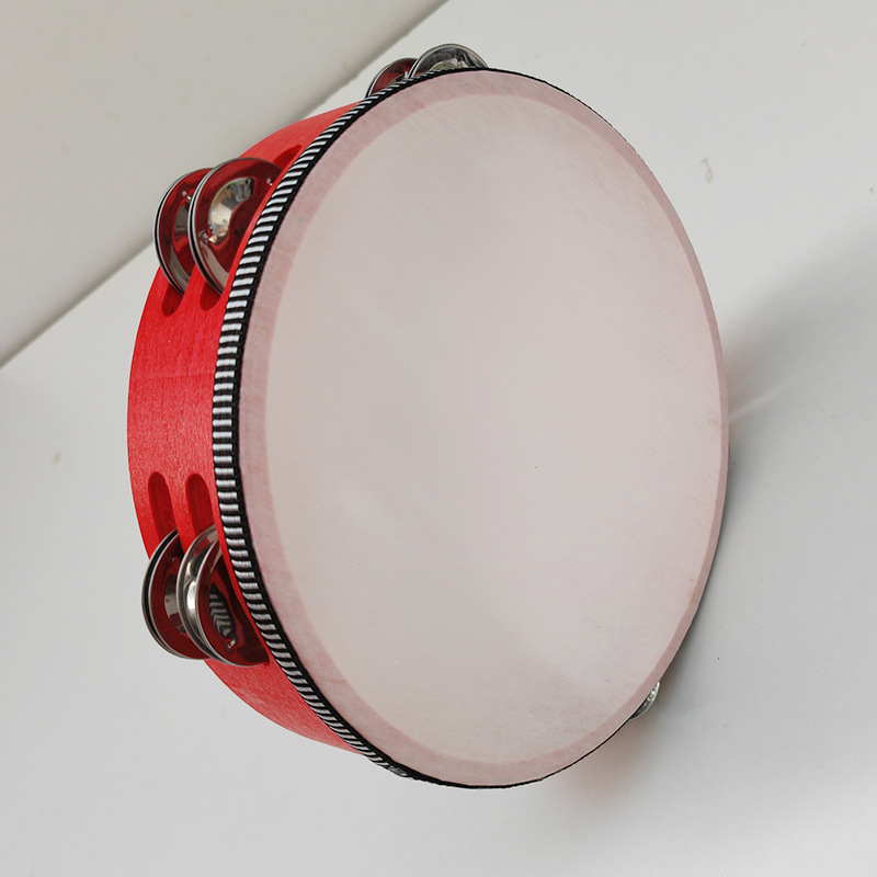 Picture of Wooden Double Row Tambourine Kidsren's Tambourine Percussion Instrument Imitation Goatskin Hand Drum Rattle Orff Musical Instrument Teaching Aids