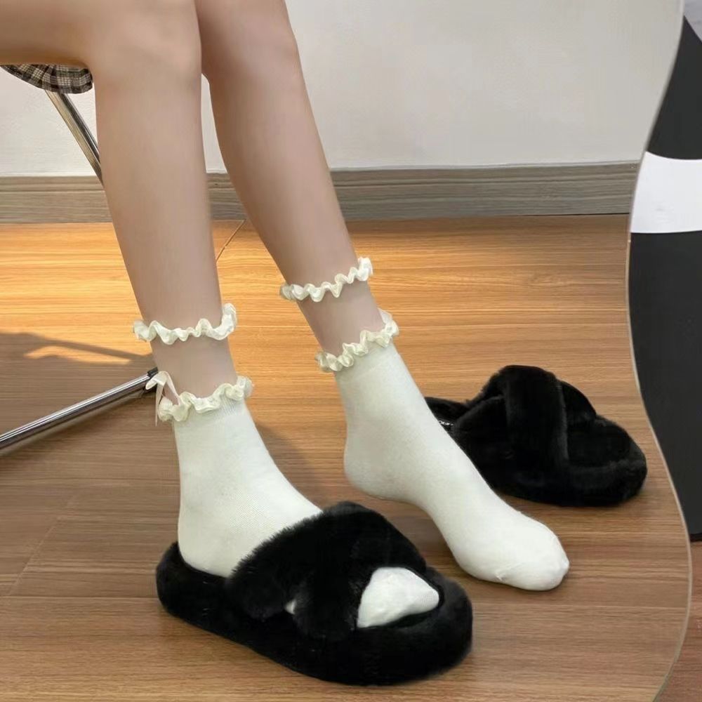 Little Red Book same style black lace socks girls bow mid-calf length socks thin with small leather shoes jk socks Lolita