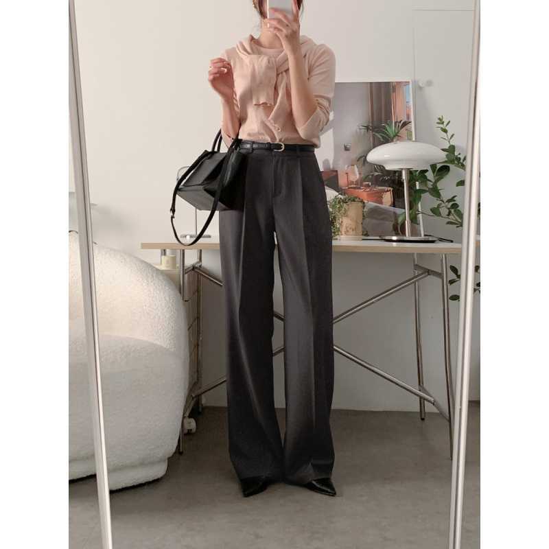 Picture of Simple, niche, commuting, versatile, high-waisted, slimming, double pockets, drape, straight-leg slacks, and suits