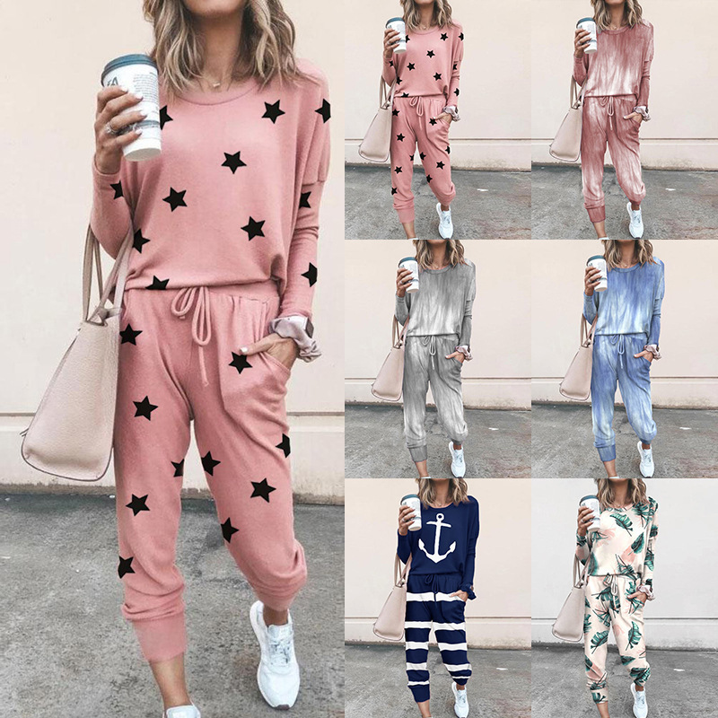 2024 wish Home New Cross-border European and American Women's AliExpress Loose Printing Long Sleeve Casual suit