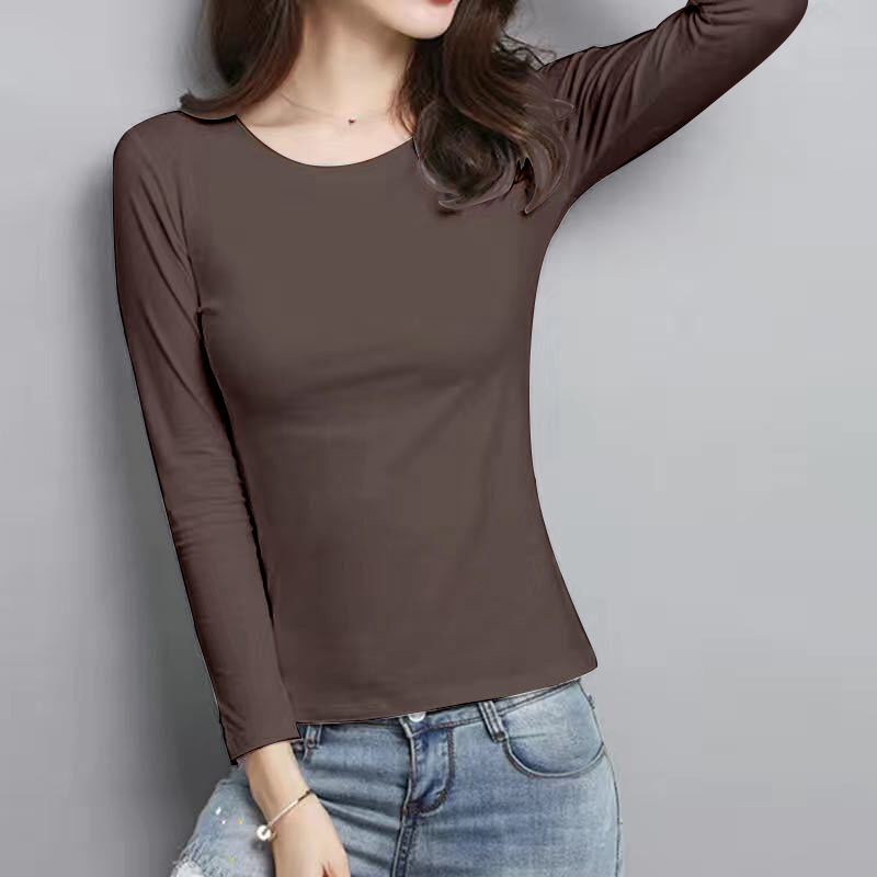 Picture of Women's Korean-Style Slim-Fit Long-Sleeve Base Shirt, Versatile Plus-Size Solid Color Top, Round Neck for Spring and Autumn