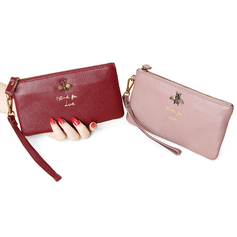 European and American Top Layer Cowhide Women's Bag Bee Thin Elegant Clutch Bag Long Zipper Wallet Women's High-end Handbag
