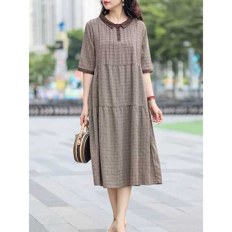 POLO Collar dress Women's 2023 Spring and Summer New Socialite Light Luxury Plaid Mid-length Loose plus size Belly Covering Dress