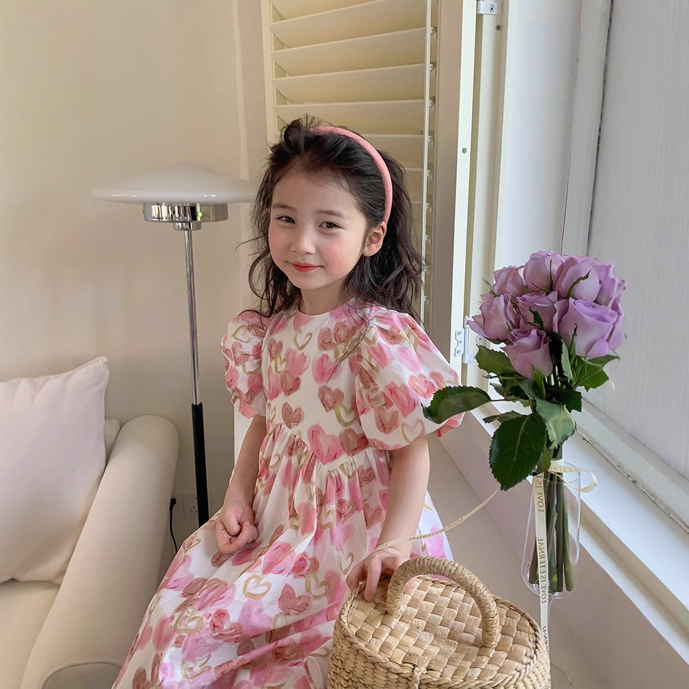 Picture of Girls dress summer new sweet love full print bubble sleeve princess skirt children a generation of hair