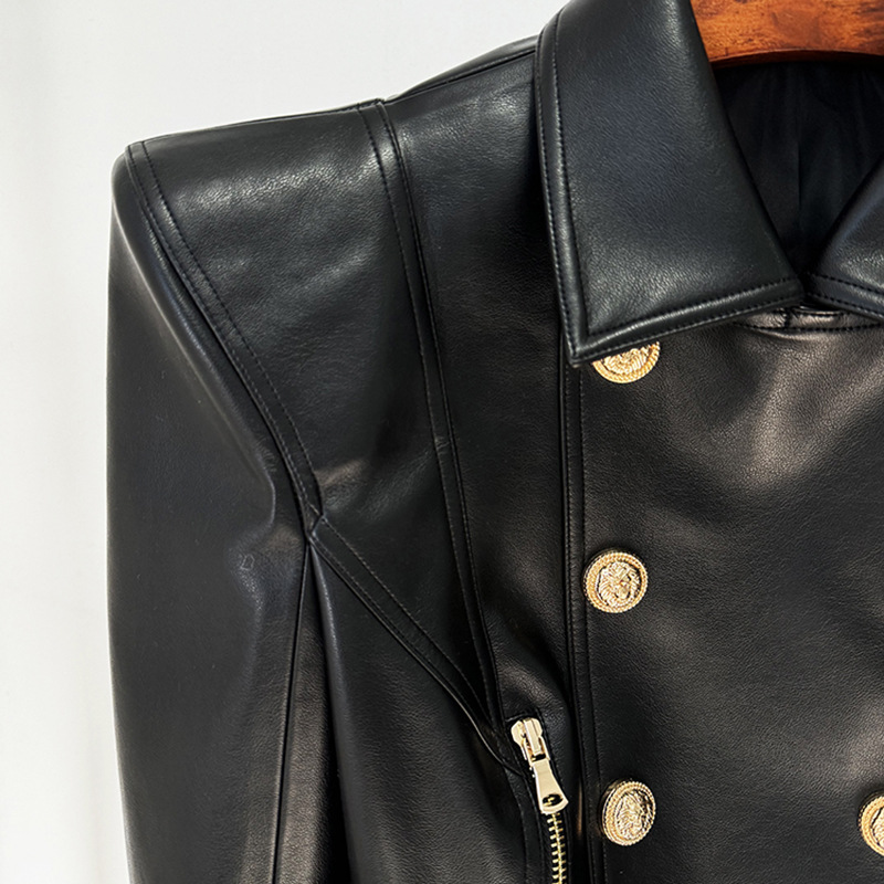 Picture of Spot 2025 Early Autumn New European and American Star Fashion Stylish Shrug Double-Breasted Short Motorcycle Leather Jacket