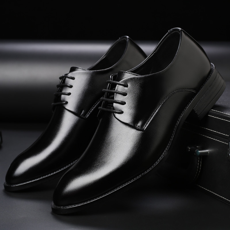 Men's breathable leather shoes formal business shoes pointed lace-up flat wedding shoes men's plus size wish Amazon