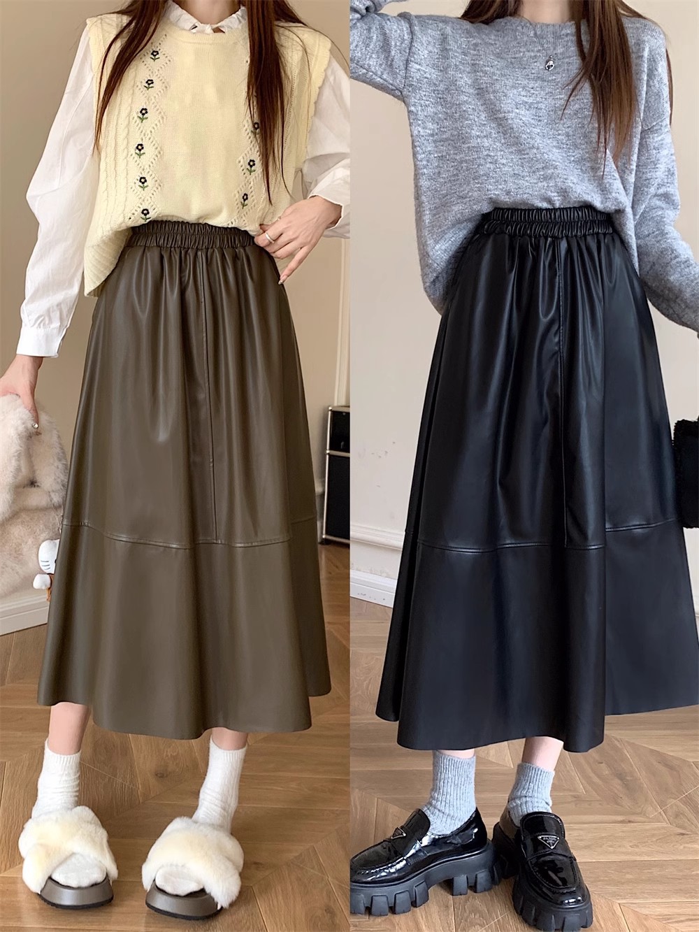 chubby girl plus size high waist pu leather skirt women's skirt 2024 winter and autumn new A- line skirt slim hip short skirt trend