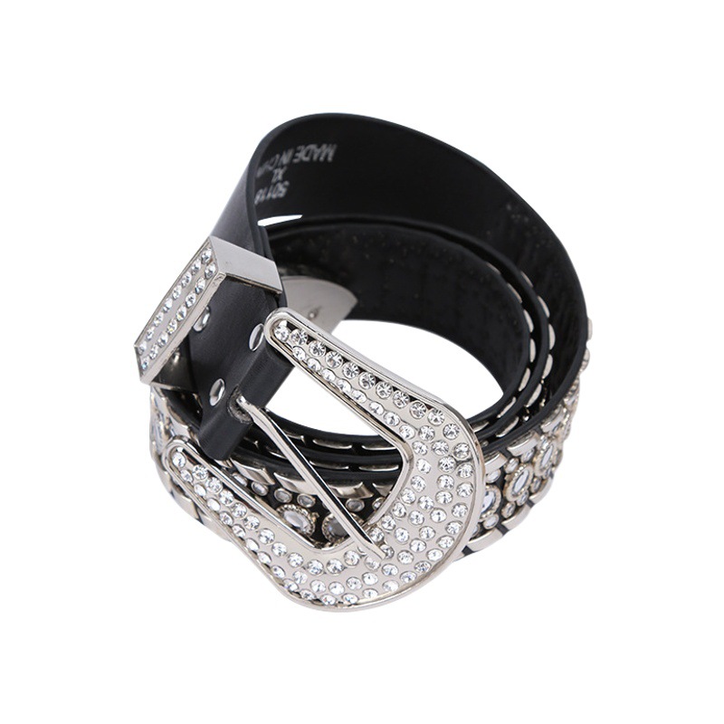 Cross-Border European and American Style Unisex Belts with Eyelets for Jeans, Fashionable Leather Belts with Studs and Rhinestones, Wide Waist Belts