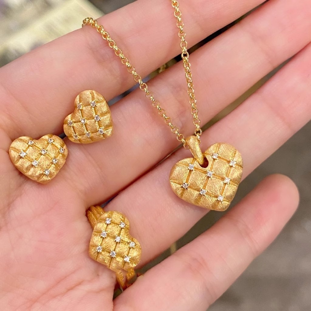 French Retro Brushed Rhomboid Love Shape Necklace Light Luxury Earrings Open Ring Niche Design Artistic Women's Suit