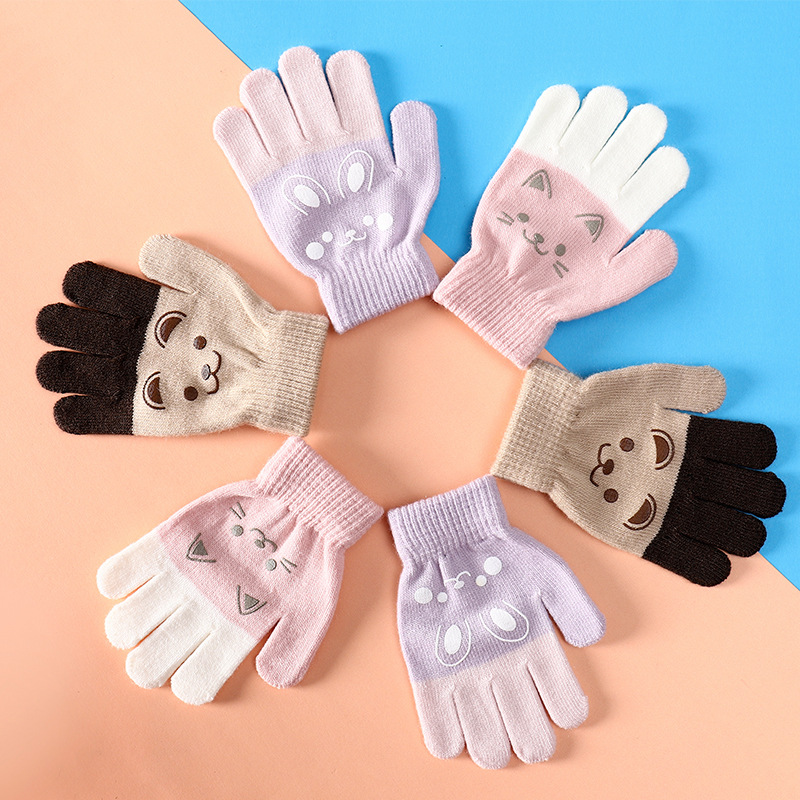 Manufacturer Wholesale Autumn and Winter Warm Mittens Cute Cartoon Boys and Girls Finger Gloves Knitted Children's Gloves