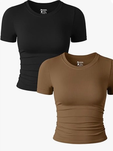 Amazon Cross-Border Women's Tops Sexy Versatile Short-Sleeved Round Neck Pleated Elastic Slim Short T-Shirt Crop Top