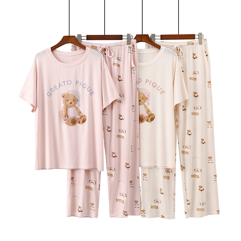 2025 New Modal Pajamas Women's Summer Short Sleeve Trousers Thin Casual Round Neck Cartoon Hat Bear