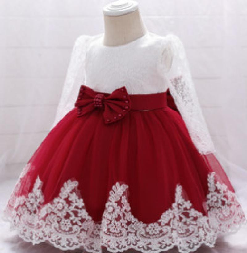 Picture of Amazon one-year-old dress long sleeve lace stitching wash dress bow beaded girl dress