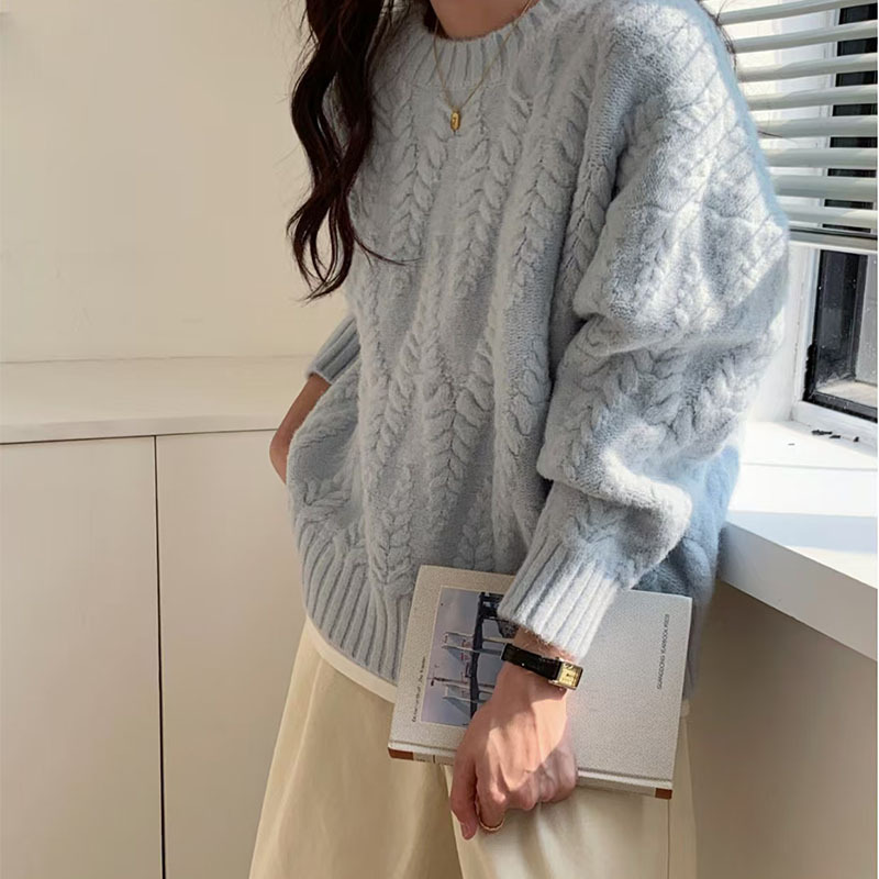 Milk Blue Wheat Ear Pullover Sweater Women's 2024 Autumn and Winter New Korean Loose Twist Gentle Knitted Top Thickened
