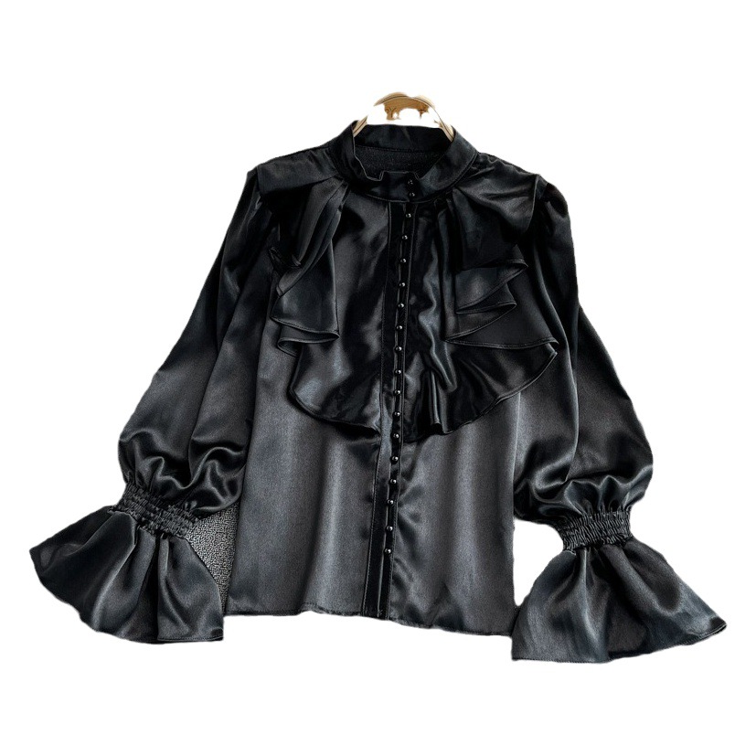 Cross-Border Palace Style Retro Temperament Trumpet Sleeve Stand Collar Acetate Satin Shirt French Design Western Style Loose Clothing