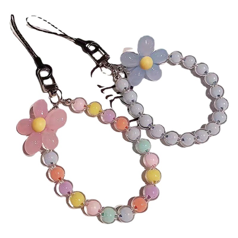 Japanese and Korean Ins Colorful Handmade Beaded Flower Keychain Wrist Rope Macaron Colorful Petal Mobile Phone Lanyard Ready for Sale