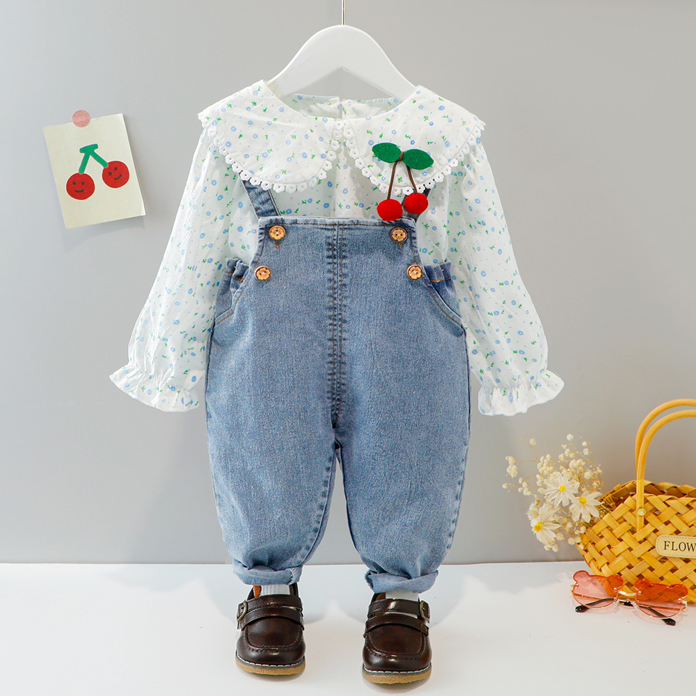 2023 spring and autumn baby girl long sleeve suit new autumn children's strap two-piece Korean autumn suit wholesale