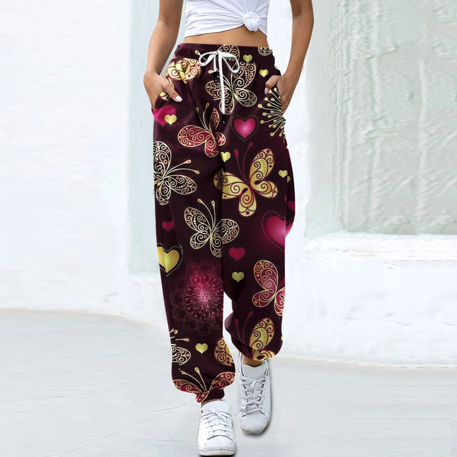 Amazon cross-border new women's fashion casual loose digital printing high waist drawstring sweatpants sports ankle-tied pants