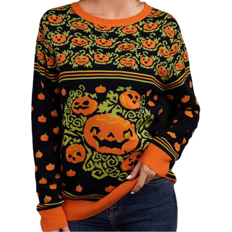 Ready-Made Sweaters Customized Cross-Border Foreign Trade European and American Pullover Sweaters Amazon Halloween Pumpkin Jacquard Sweaters for Women