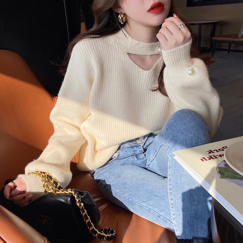 Picture of Design Sense Niche Sweater Women's 2024 Autumn and Winter New Loose Korean Style V-neck Pink Hollow Sweater Top