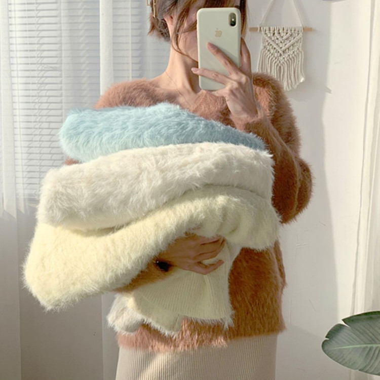 Mink Hair Imitation Mink Cashmere Sweater Women's Autumn and Winter Thickened Pullover Winter Loose Lazy Style Mohair V-Neck Top