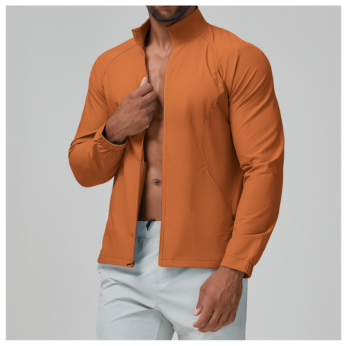 Cross-border Men's Athleisure Solid Color Stand Up Collar Jacket Zipper Windbreaker Fir Outdoor Running Fitness Jacket 1140