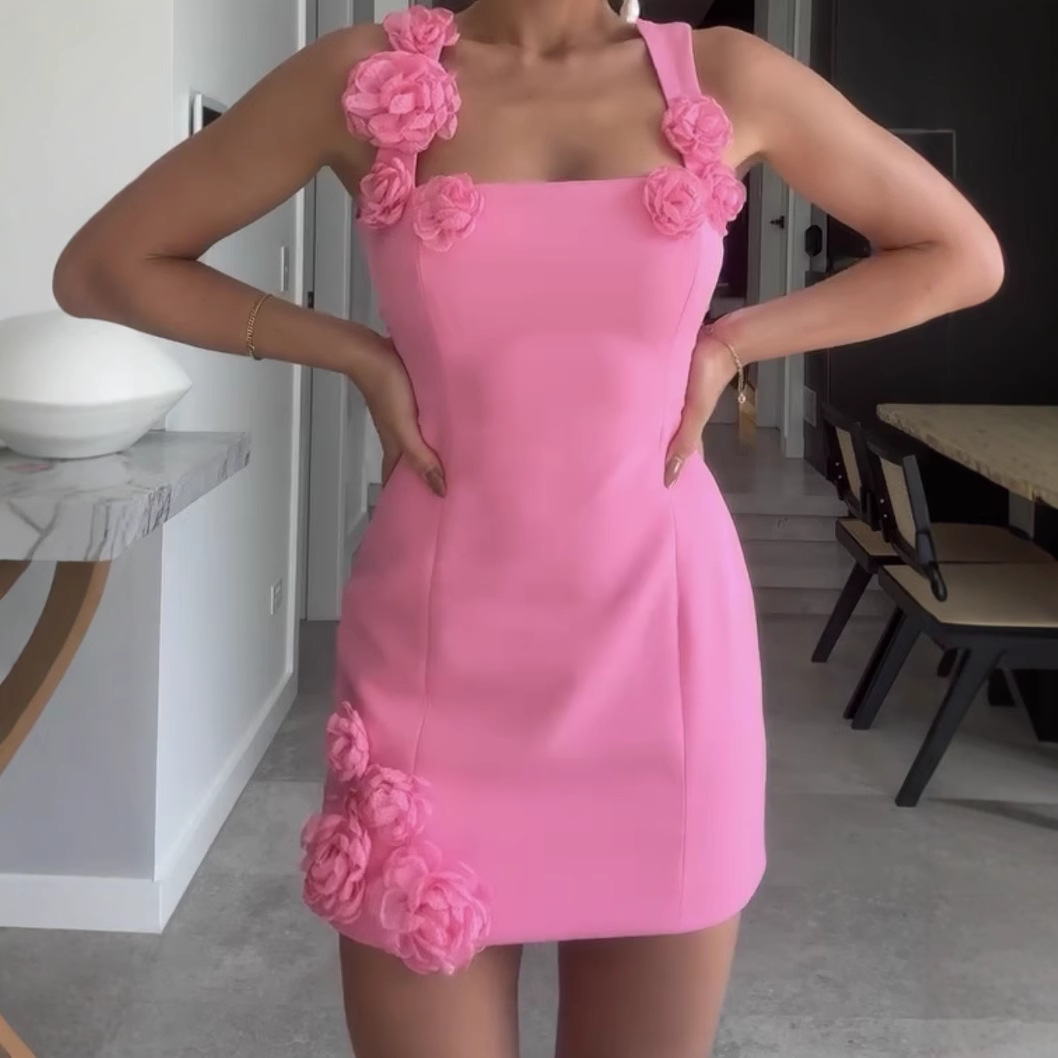 European and American Foreign Trade Women's Cross-border Explosions Amazon New dress Flower Thin Shoulder Strap Sleeveless Backless A- line Dress