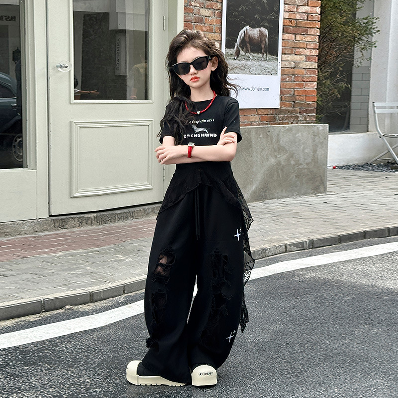 Picture of Girls' Summer Hole Sports suit Western Style 2025 New Casual Girls' Top Wide Leg Pants Two-Piece Trendy