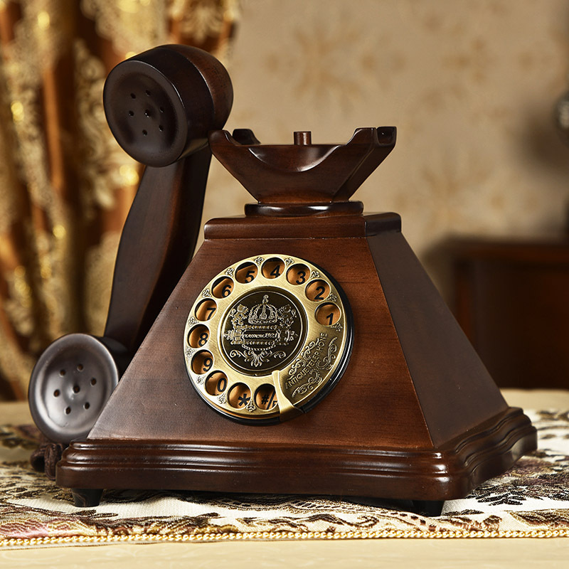 Picture of Solid Wood Antique Telephone Wired Fixed Home Landline Office European Antique Creative Rotary Dial Retro Telephone