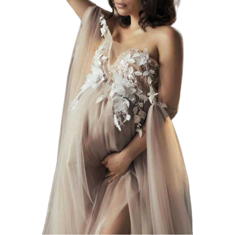 Foreign trade light yarn outdoor yarn pregnant women's shooting dress lace three-dimensional flower mesh front slit drop-down dress