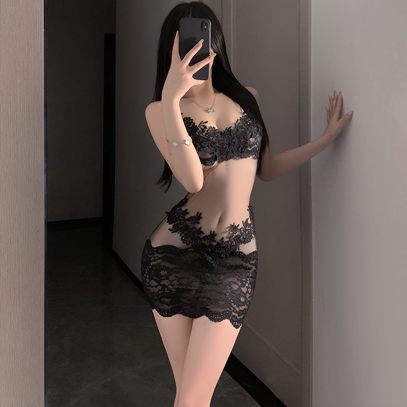 Churui erotic lingerie sexy one-piece pure desire lace temptation crotch opening uniform maid costume flirty pajamas 6587