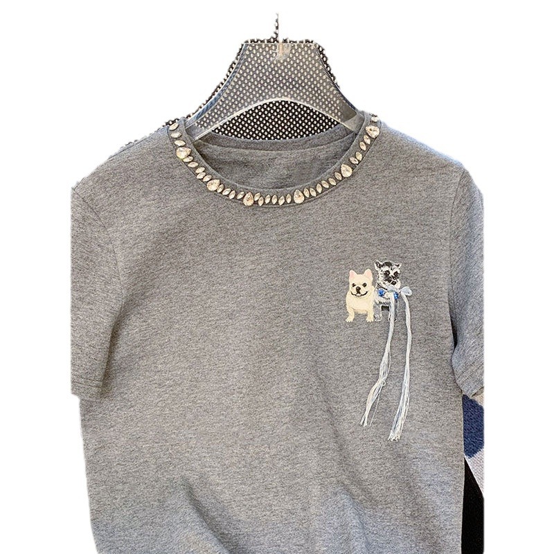 Picture of Cotton Back Bag Collar Round Neck Diamond-encrusted Grey Puppy Embroidered Short-sleeved T-shirt Women's 2024 New Loose Niche Top