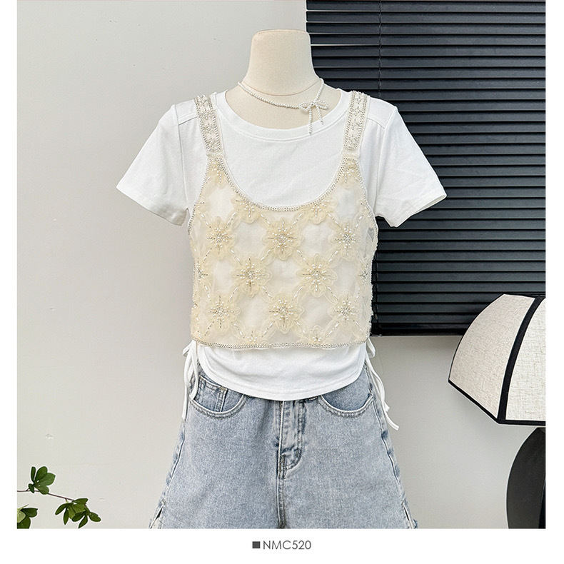Picture of French Heavy Industry Beaded Hollow Stacked Camisole Women's Summer Design Sense Niche Western Style Fashion Short Top