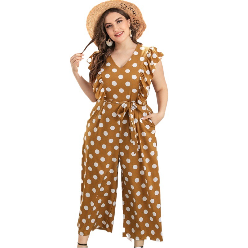 Amazon Summer Women's Ruffled Polka Dot Wide-Leg Jumpsuit Wholesale Sq0151 European and American Versatile Retro Style
